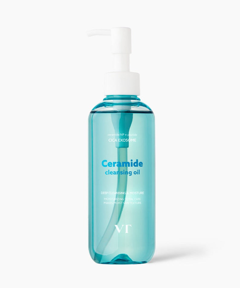 VT COSMETIC Ceramide Aqua Cleansing Oil 200ml en flacon bleu clair, marque VT Cosmétique, sur fond blanc