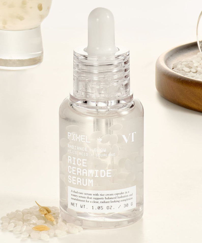 VT COSMETIC Rice Ceramide Serum 30ml, sérum marque VT COSMETIC présenté sur fond clair avec grains de riz et pipette