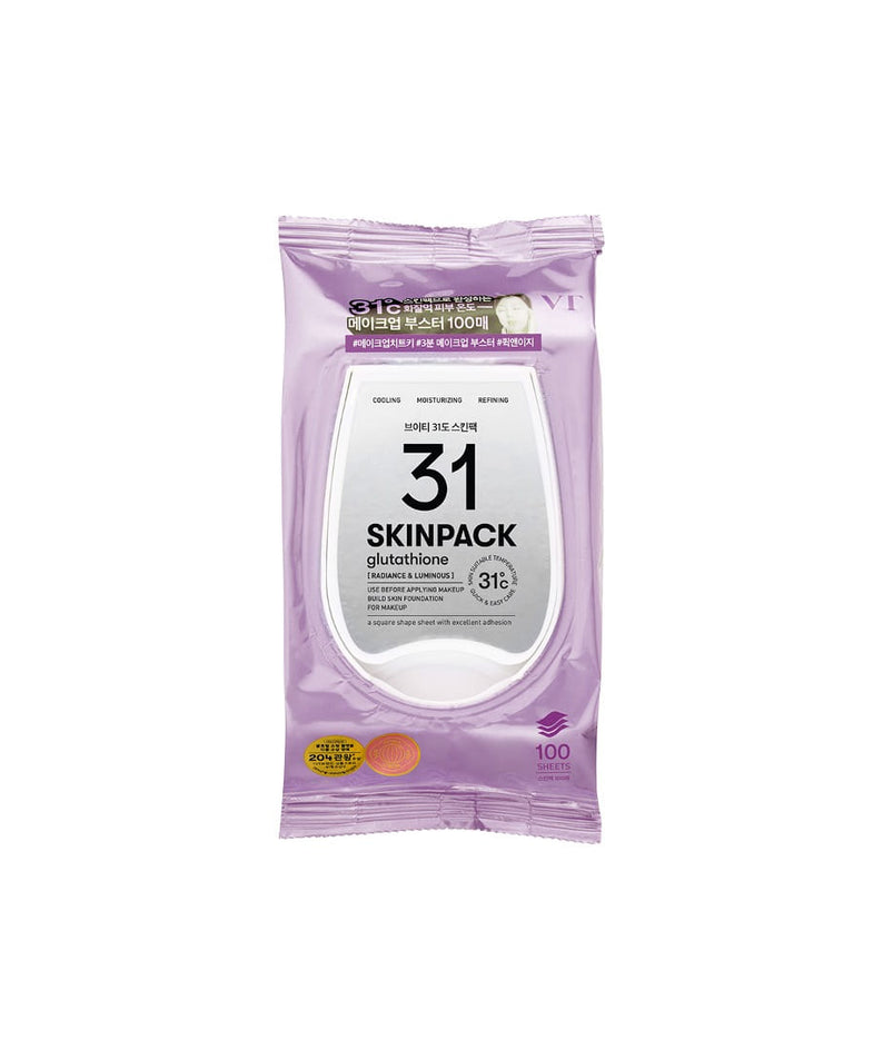 VT COSMETICS 31°C Skin Pack 100p 210g, pack facial violet avec étiquette 31 skincap, vue produit sur fond clair.