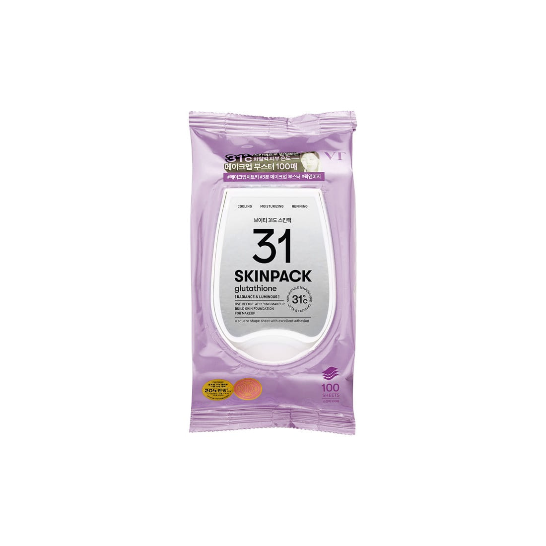 VT COSMETICS 31°C Skin Pack 100p 210g, pack facial violet avec étiquette 31 skincap, vue produit sur fond clair.