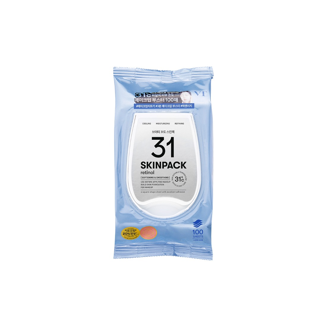 VT COSMETICS 31°C Skin Pack 100p 210g, sachet de produit sur fond clair, marque et pack en gros plan.
