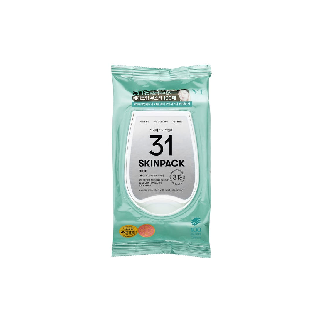 VT COSMETICS 31°C Skin Pack 100p 210g, sachet de masque hydratant vert sur fond blanc, visuel produit
