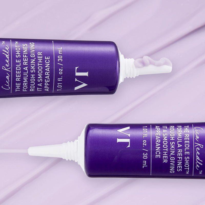 VT COSMETICS  Bakuchiol Riddle Shot Cream 30ml, flacons violets sur fond violet, crème hydratante prête à appliquer.