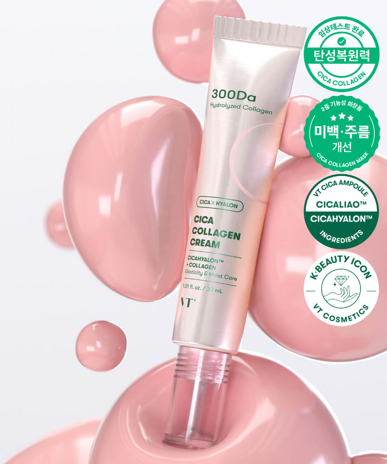 VT COSMETICS Cica Collagen Cream 30ml, tube crème cica sur fond rose, bulles visuelles cosmétiques
