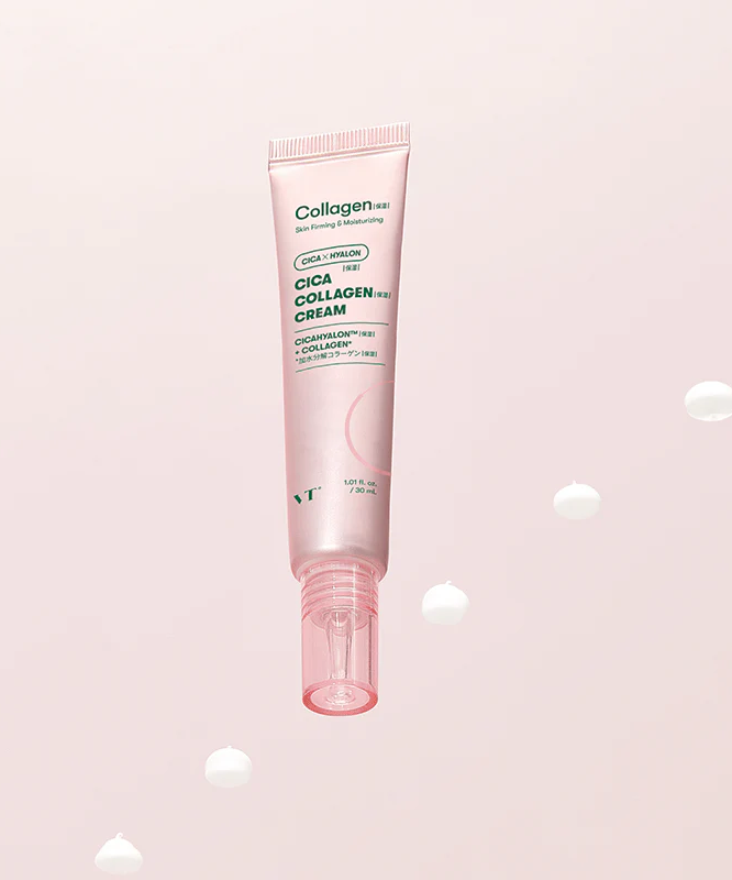 VT COSMETICS Cica Collagen Cream 30ml, tube cosmétique VT COSMETICS sur fond pastel avec bulles blanches, photo produit.