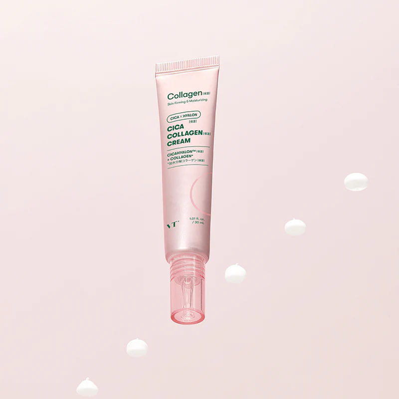 VT COSMETICS Cica Collagen Cream 30ml, tube cosmétique VT COSMETICS sur fond pastel avec bulles blanches, photo produit.