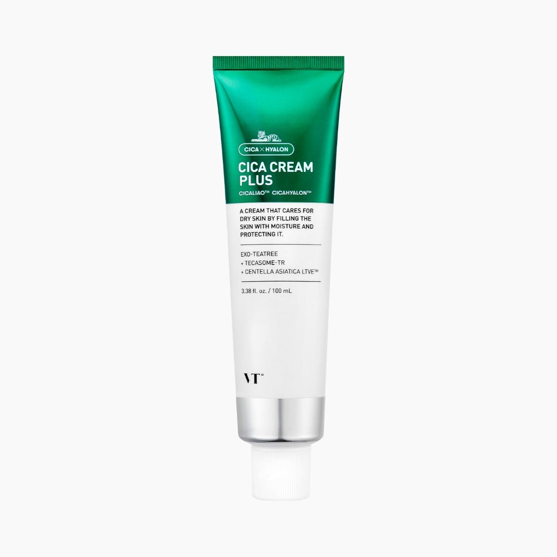 VT COSMETICS Cica Cream Plus - 100ml en tube vert/blanc sur fond clair, crème Cica apaisante