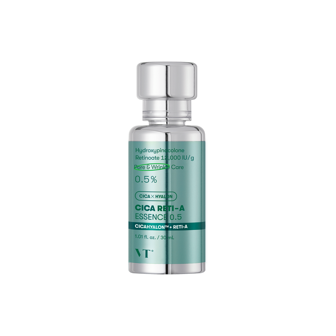 VT COSMETICS  Cica Reti-A Essence 0.5 30ml, flacon sérum cica sur fond blanc, marque VT COSMETIC, visuel produit.