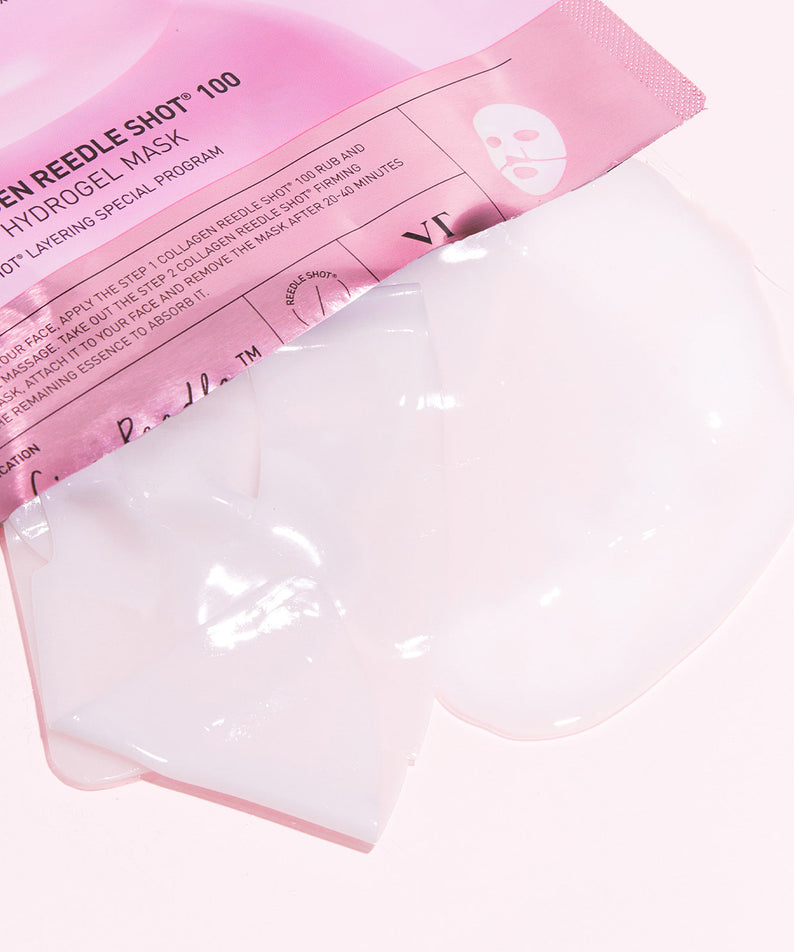 VT COSMETICS  Collagen Riddle Shot 100 2-Step Hydrogel Mask (4 sheets) de VT Cosmetics, masque hydrogel en sachet rose.