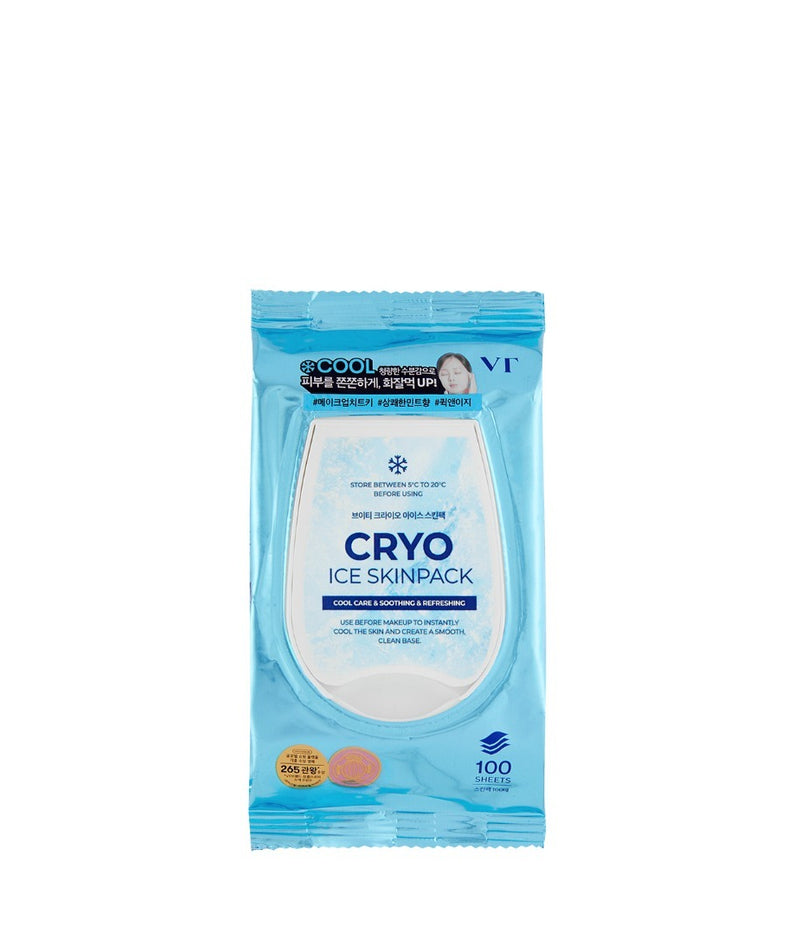 VT COSMETICS Cryo Ice Skin Pack 210g, masque en pack bleu glacé de VT Cosmetics, produit sur fond blanc.