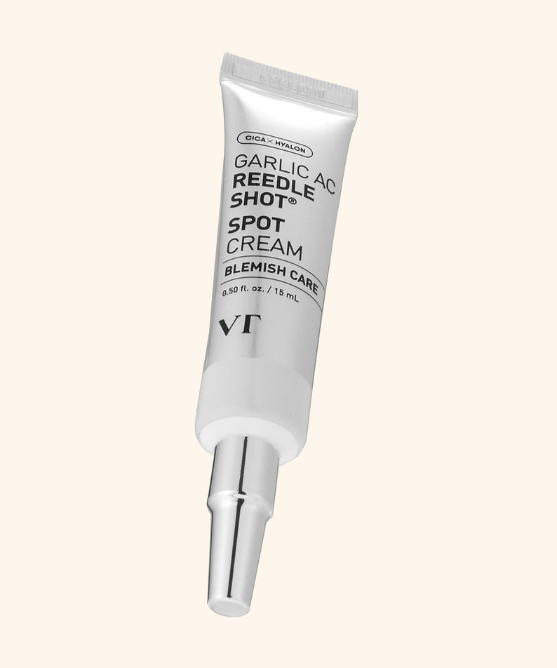 VT COSMETICS Garlic AC Reedle Shot® Spot Cream - 15ml, tube crème anti-imperfections, vue produit sur fond clair.