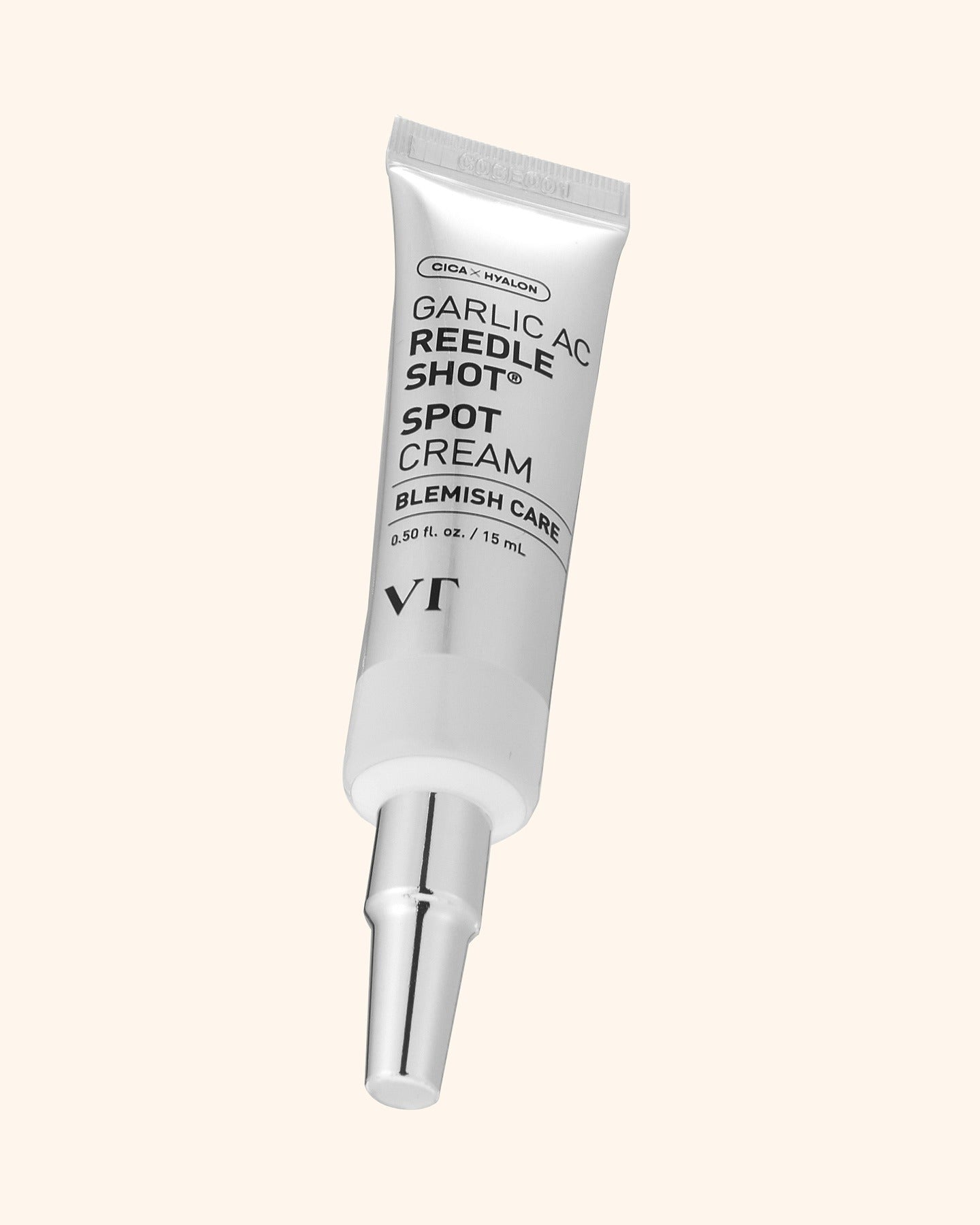 VT COSMETICS Garlic AC Reedle Shot® Spot Cream - 15ml, tube crème anti-imperfections, vue produit sur fond clair.