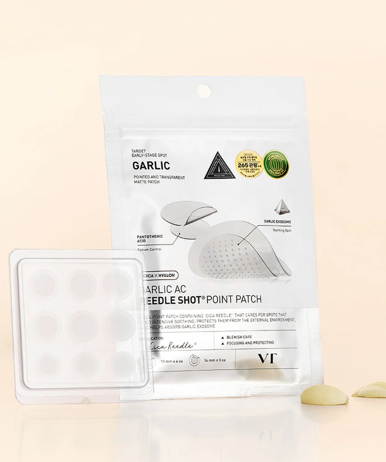VT COSMETICS  Garlic AC Riddle Shot Point Patch 9EA : patchs à l’ail sur fond clair, sachet et barquette, marque VT.