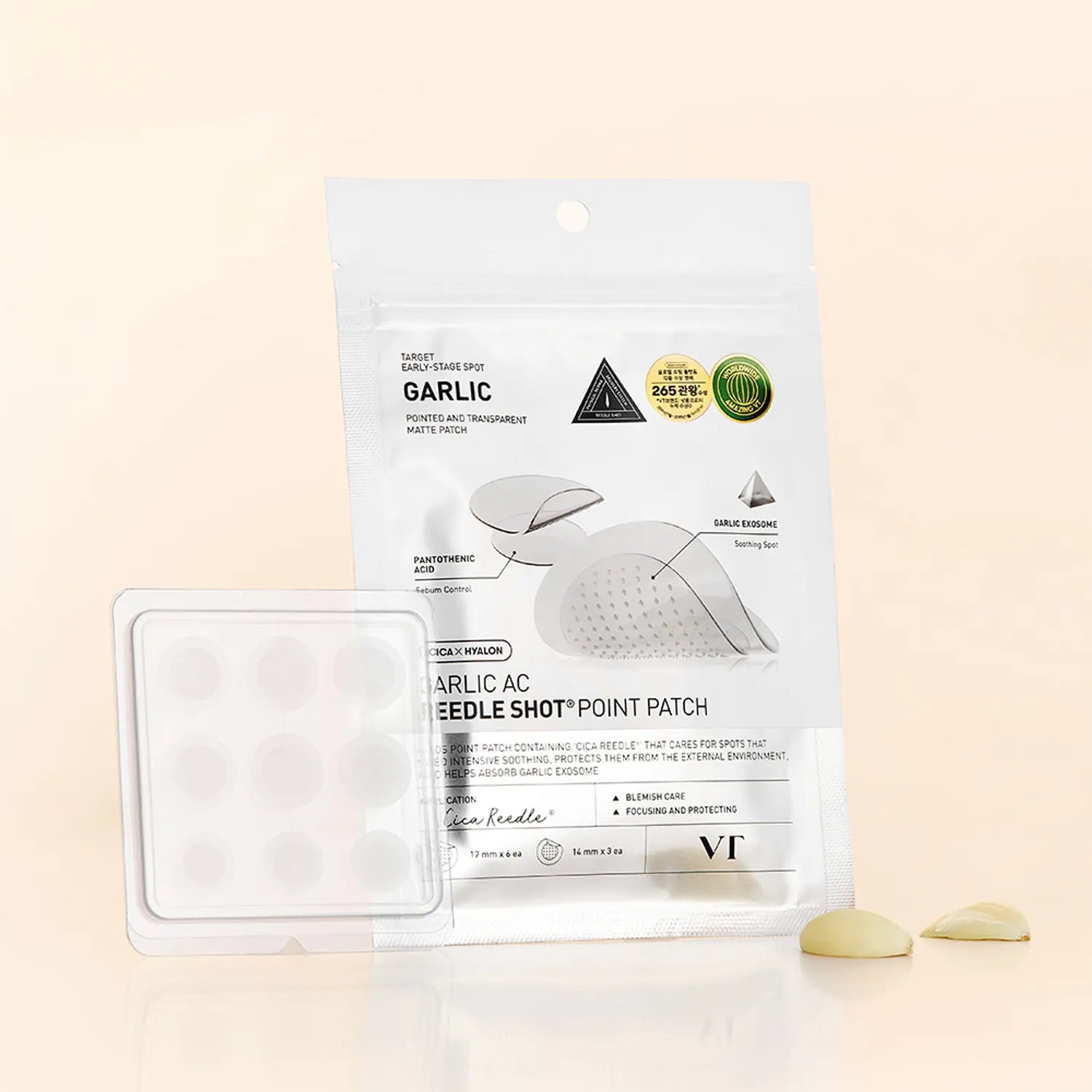 VT COSMETICS  Garlic AC Riddle Shot Point Patch 9EA : patchs à l’ail sur fond clair, sachet et barquette, marque VT.