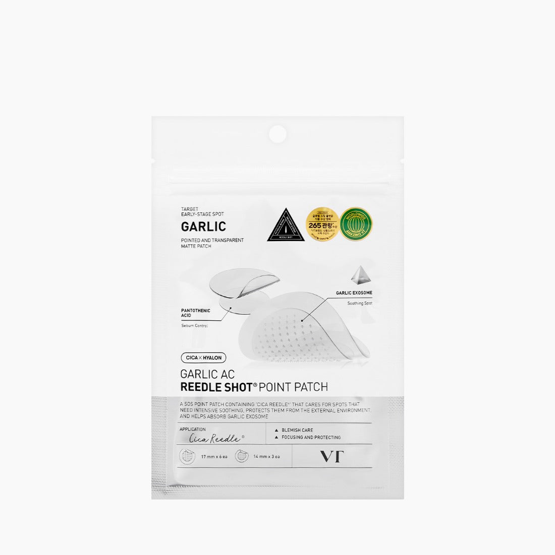 VT COSMETICS  Garlic AC Riddle Shot Point Patch 9EA, patch anti-imperfections en sachet blanc, photo produit sur fond clair