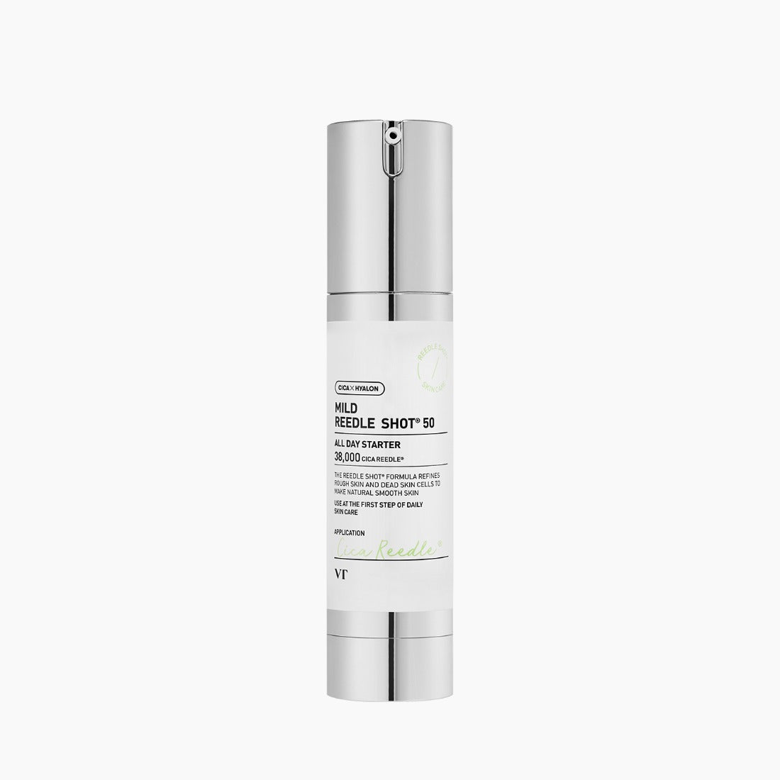 VT COSMETICS Mild Reedle Shot® 50 - 50ml, flacon cosmétique argent sur fond blanc, mise en avant de la marque