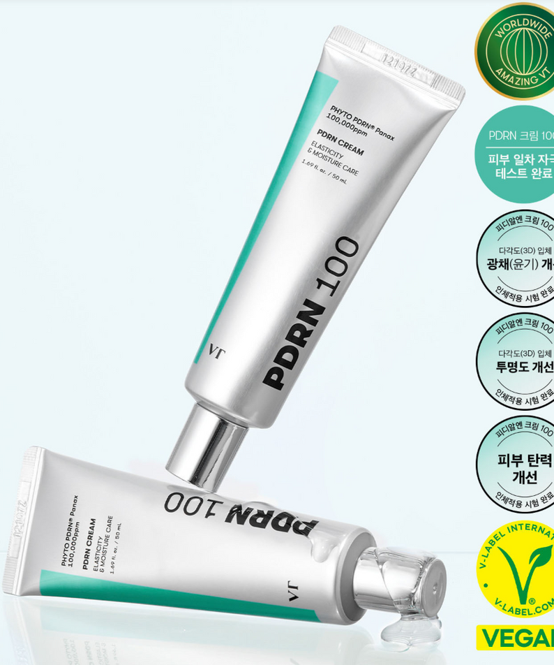 VT COSMETICS PDRN Cream 100 50ml, tube crème cosmétique VT sur fond clair, présentation produit avec pictogrammes.
