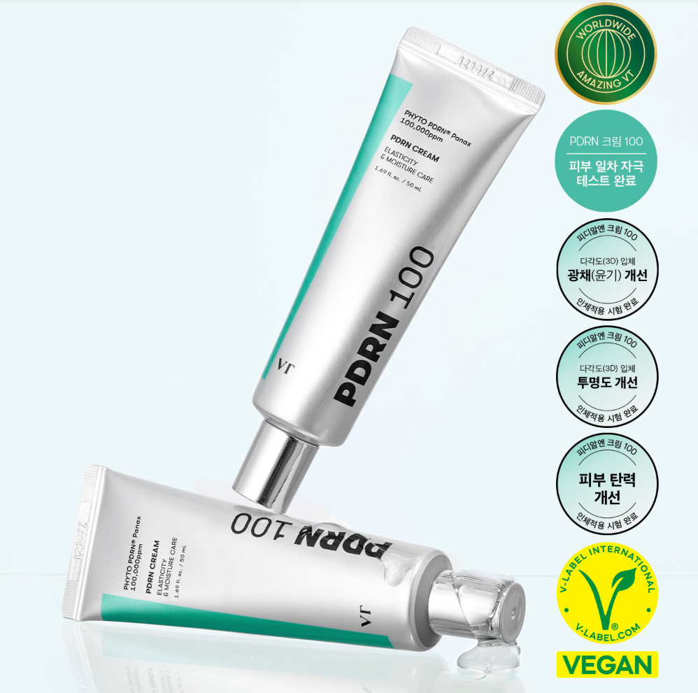 VT COSMETICS PDRN Cream 100 50ml, tube crème cosmétique VT sur fond clair, présentation produit avec pictogrammes.