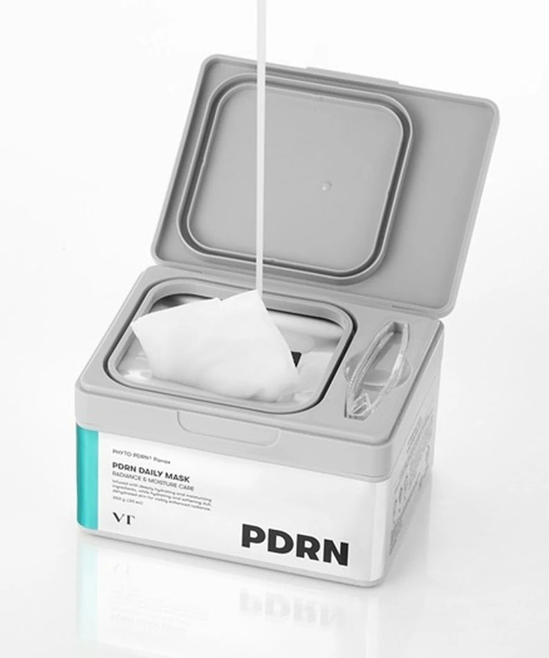 VT COSMETICS PDRN Daily Mask 30 Sheets, boîtier et lingettes en coton blanchies sur fond blanc, marque VT Cosmétics