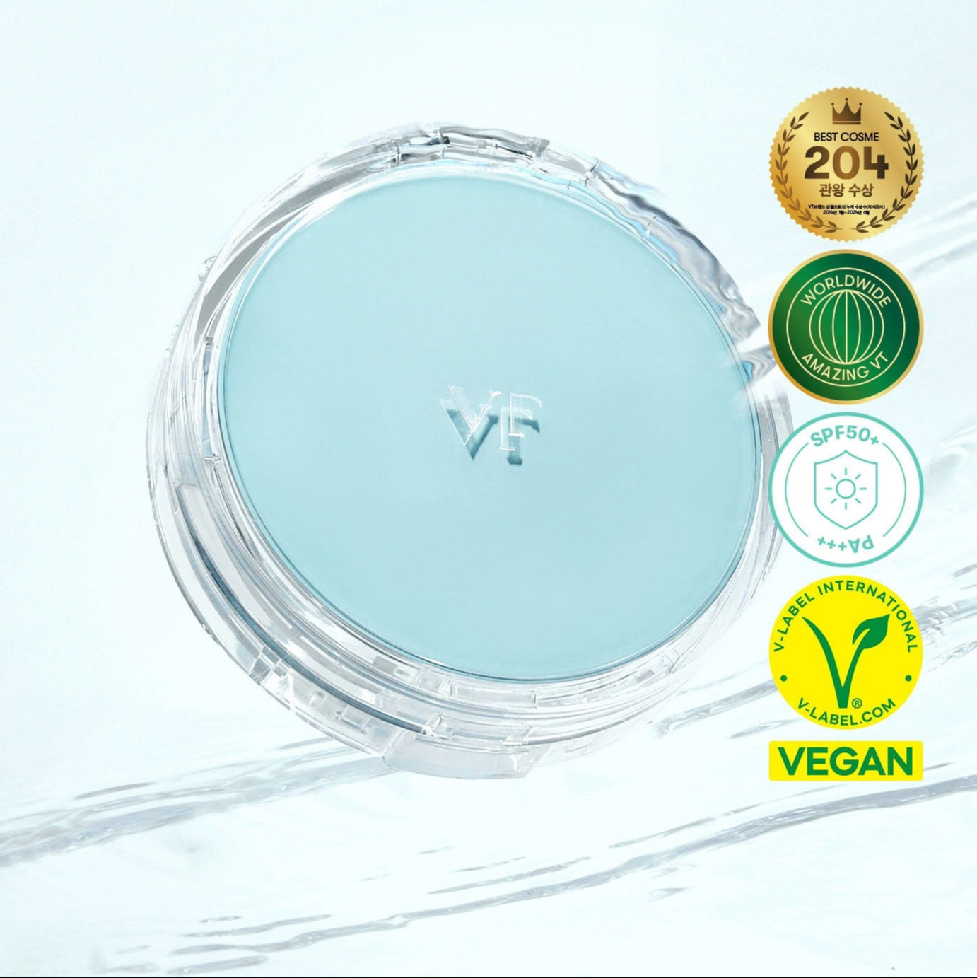 Décris l'image en français en mentionnant le produit, la marque et le contexte visuel. VT COSMETICS PDRN Essennce Glow Sun Pact 10g