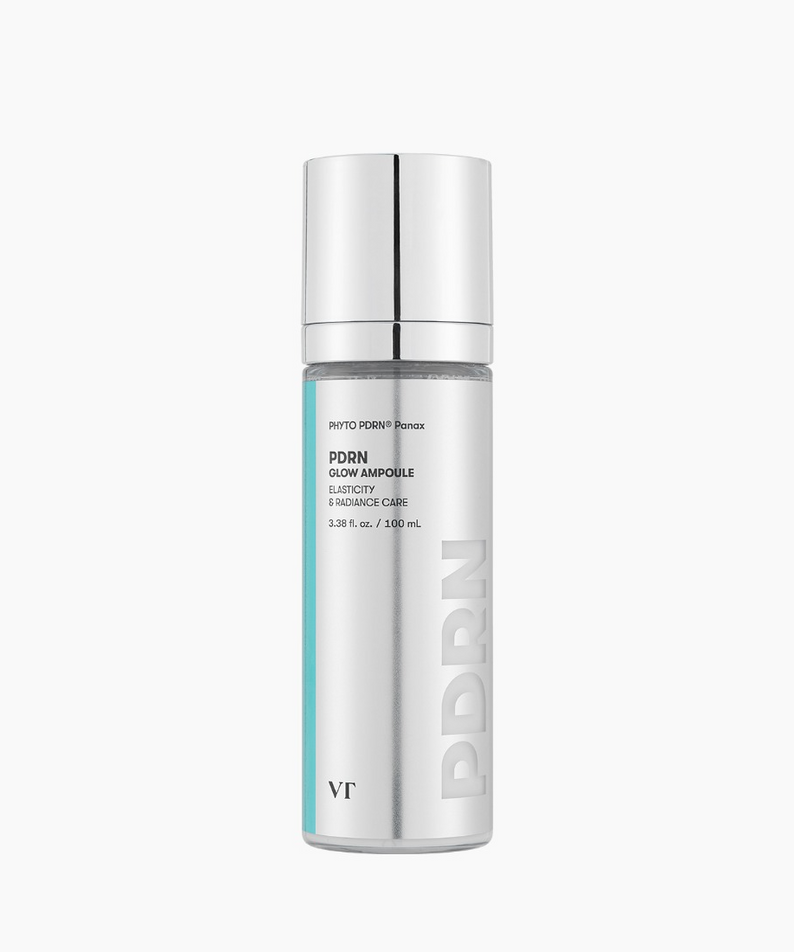 VT COSMETICS PDRN Glow Ampoule 100ml en flacon, marque VT Cosmetics, sur fond blanc, produit cosmétique luisant