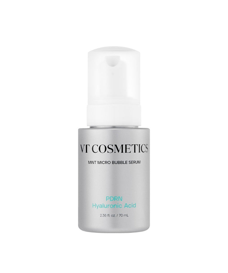 VT COSMETICS PDRN Hyaluronic Acid Mint Micro Bubble Serum 70ml : flacon blanc avec pompe, photo produit sur fond clair.