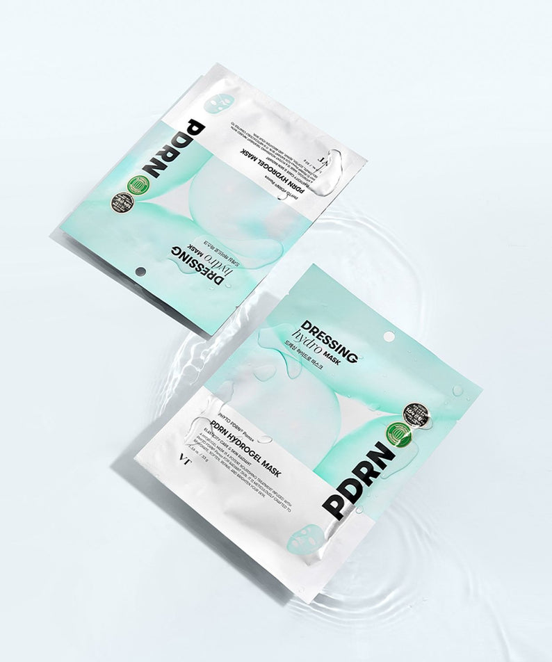 VT COSMETICS PDRN Hydrogel Mask 4 Pack, masques hydrogel PDRN de VT COSMETICS sur fond clair, vue produit
