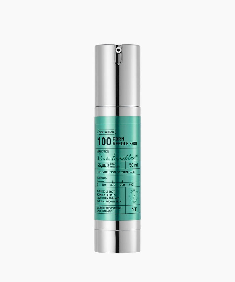 VT COSMETICS PDRN Reedle Shot® sur fond blanc, flacon sérum turquoise, marque VT Cosmetics, produit de soin visage.