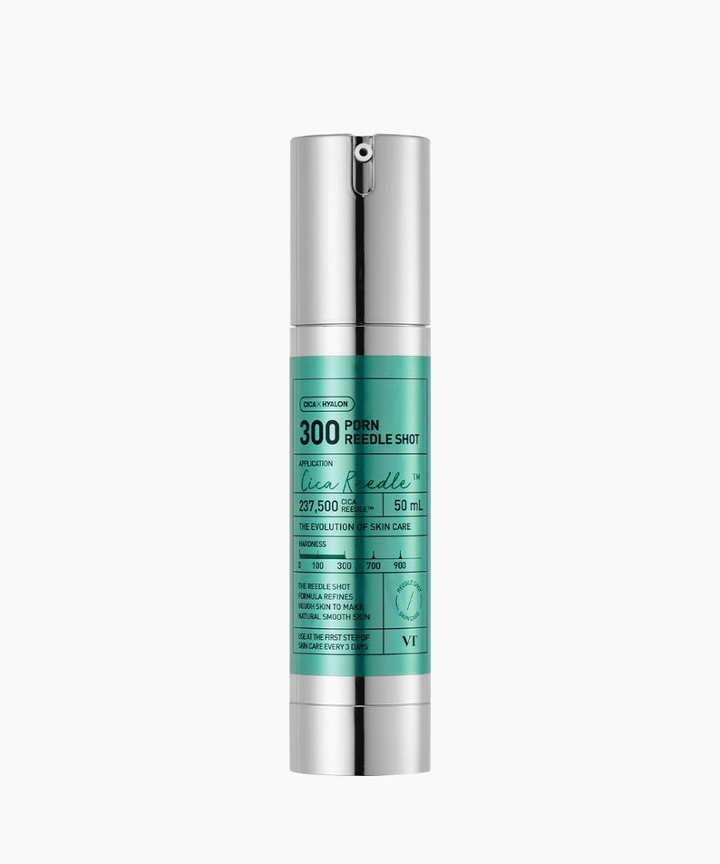 VT COSMETICS PDRN Reedle Shot® flacon cosmétique argenté et bleu, sur fond blanc, visuel produit de la marque.