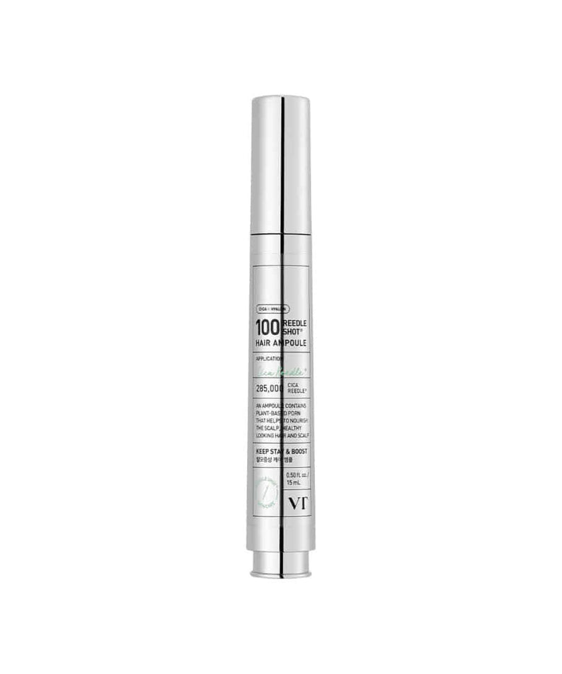 Décris l'image : VT COSMETICS PDRN Riddle Shot Hair Ampoule 100dL 15ml, flacon blanc argenté sur fond clair.