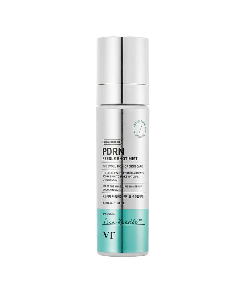 VT COSMETICS  PDRN Riddle Shot Mist 100ml, flacon brume visage blanc et turquoise sur fond clair, VT Cosmetics en vedette.