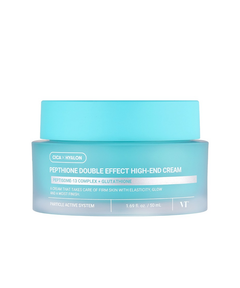 VT COSMETICS  Pepthion Double Effect High-End Cream 50ml, pot bleu sur fond blanc, présentation produit VT Cosmetics.