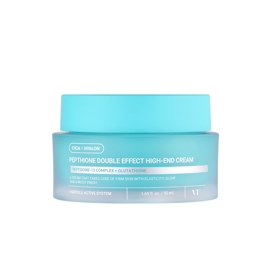VT COSMETICS  Pepthion Double Effect High-End Cream 50ml, pot bleu sur fond blanc, présentation produit VT Cosmetics.