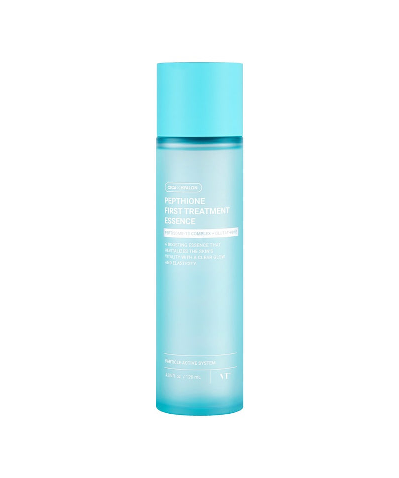 VT COSMETICS  Pepthion First Treatment Essence 120ml, bouteille bleue sur fond blanc, photo produit VT Cosmetics.