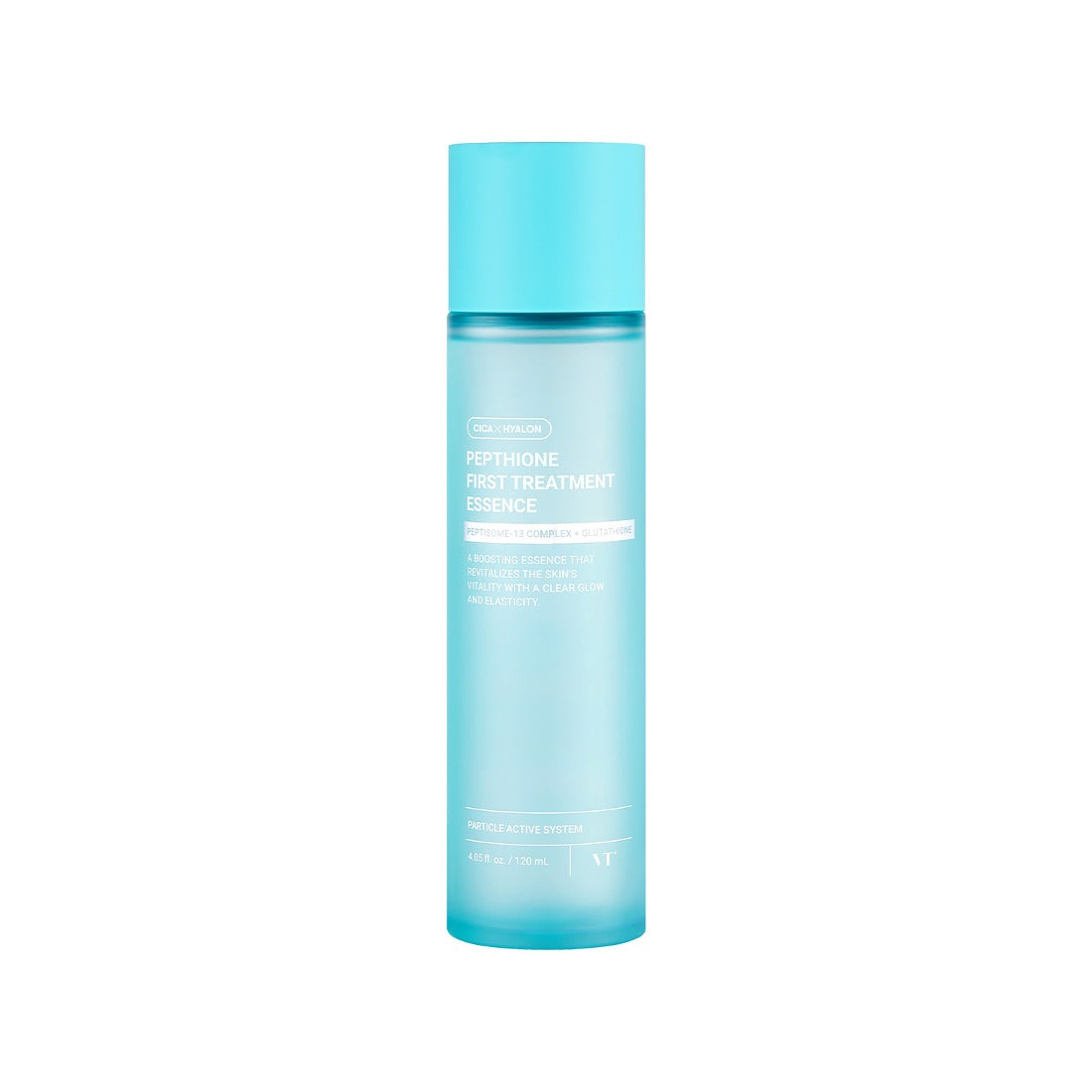 VT COSMETICS  Pepthion First Treatment Essence 120ml, bouteille bleue sur fond blanc, photo produit VT Cosmetics.
