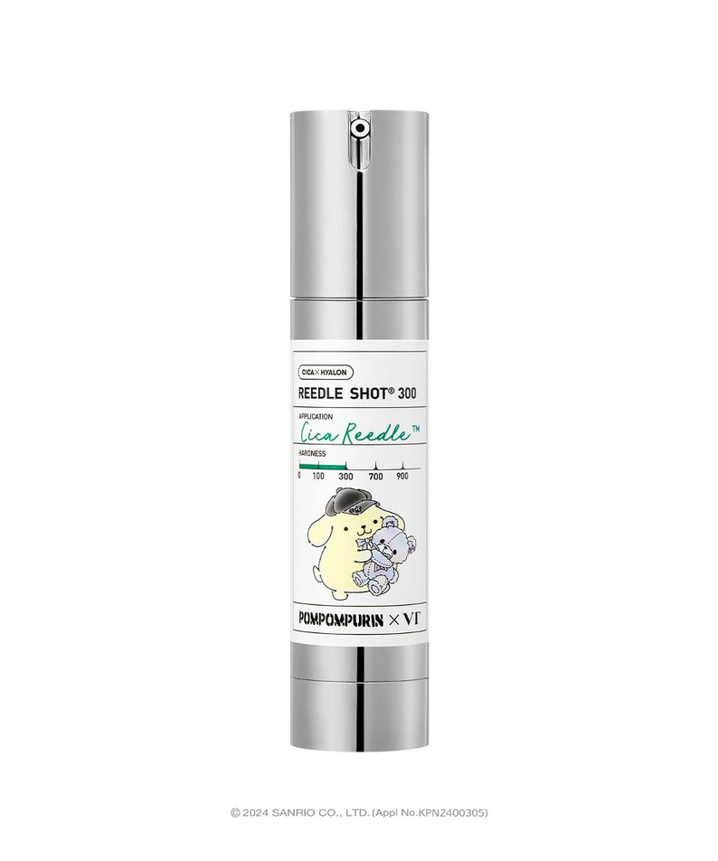 VT COSMETICS Pompompurin Edition Reedle Shot®, flacon tube argenté avec illustration Pompompurin, sur fond blanc.