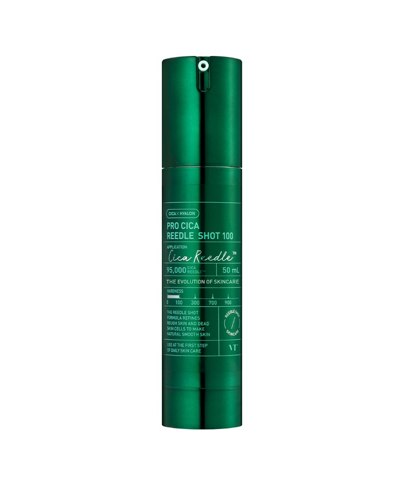 VT COSMETICS Pro Cica Reedle Shot® : flacon vert sur fond blanc, cosmétique anti-âge à la cica.