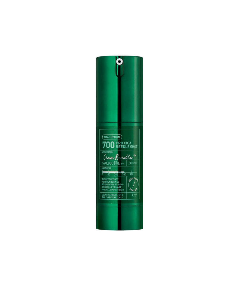 VT COSMETICS Pro Cica Reedle Shot® en flacon vert sur fond blanc, produit de skincare VT Cosmetics