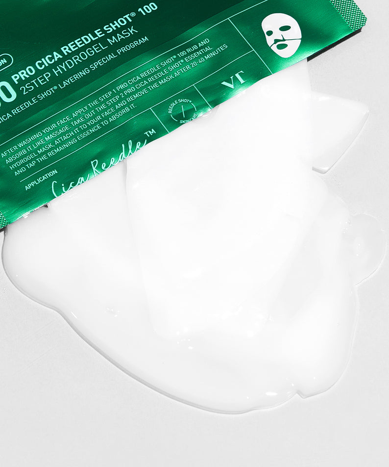 VT COSMETICS  Pro Cica Riddle shot 100 2-Step Hydrogel Mask (4-pack) : masque hydrogel sur fond blanc, étui vert.