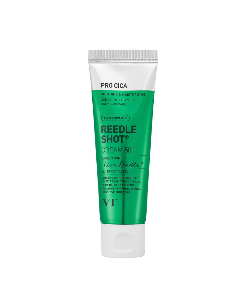 Décris l'image en français : VT COSMETICS Pro Cica Riddleshot Cream 50g, tube vert blanc sur fond clair, marque VT Cosmetics.