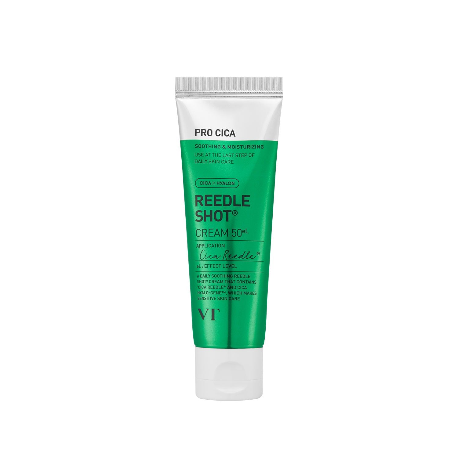 Décris l'image en français : VT COSMETICS Pro Cica Riddleshot Cream 50g, tube vert blanc sur fond clair, marque VT Cosmetics.