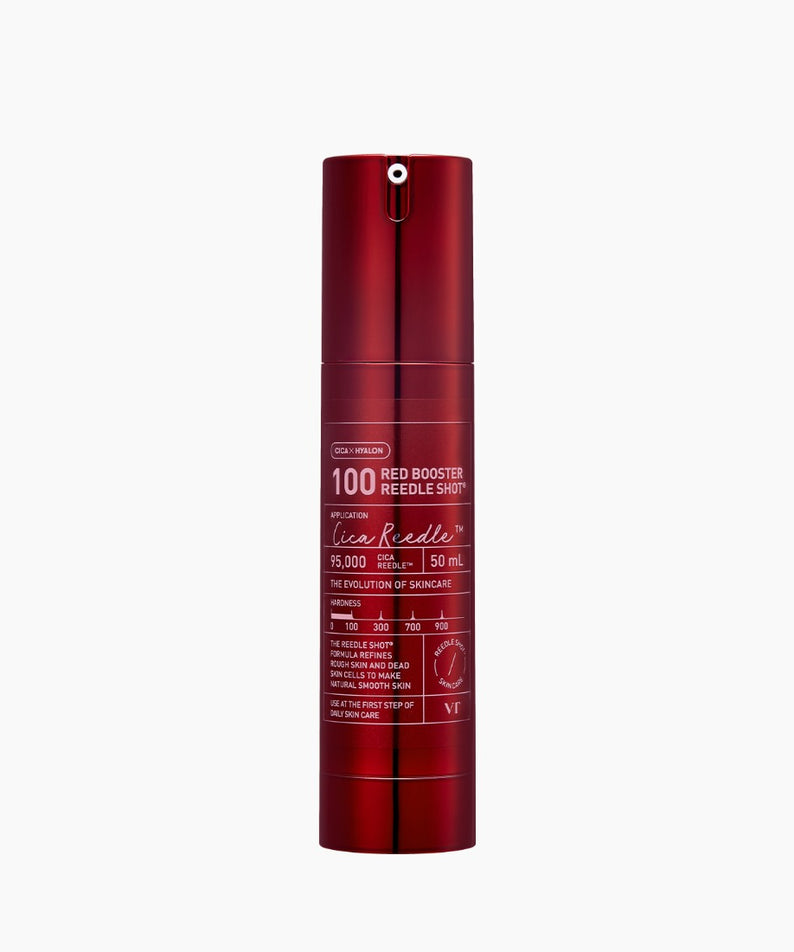 VT COSMETICS Red Booster Reedle Shot® en flacon rouge, présentation produit sur fond blanc, beauté skin care