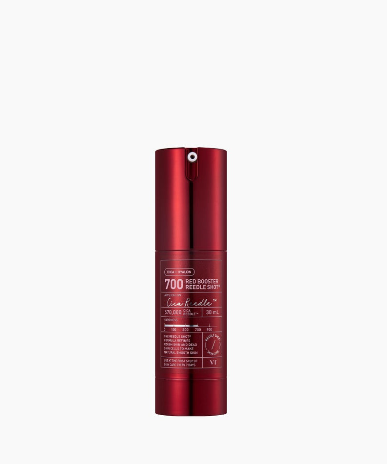 VT COSMETICS Red Booster Reedle Shot® en flacon rouge sur fond blanc, produit beauté VT COSMETICS visible en studio.