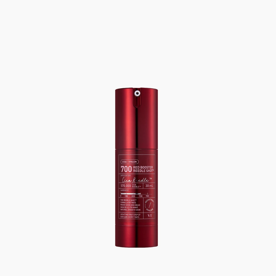 VT COSMETICS Red Booster Reedle Shot® en flacon rouge sur fond blanc, produit beauté VT COSMETICS visible en studio.