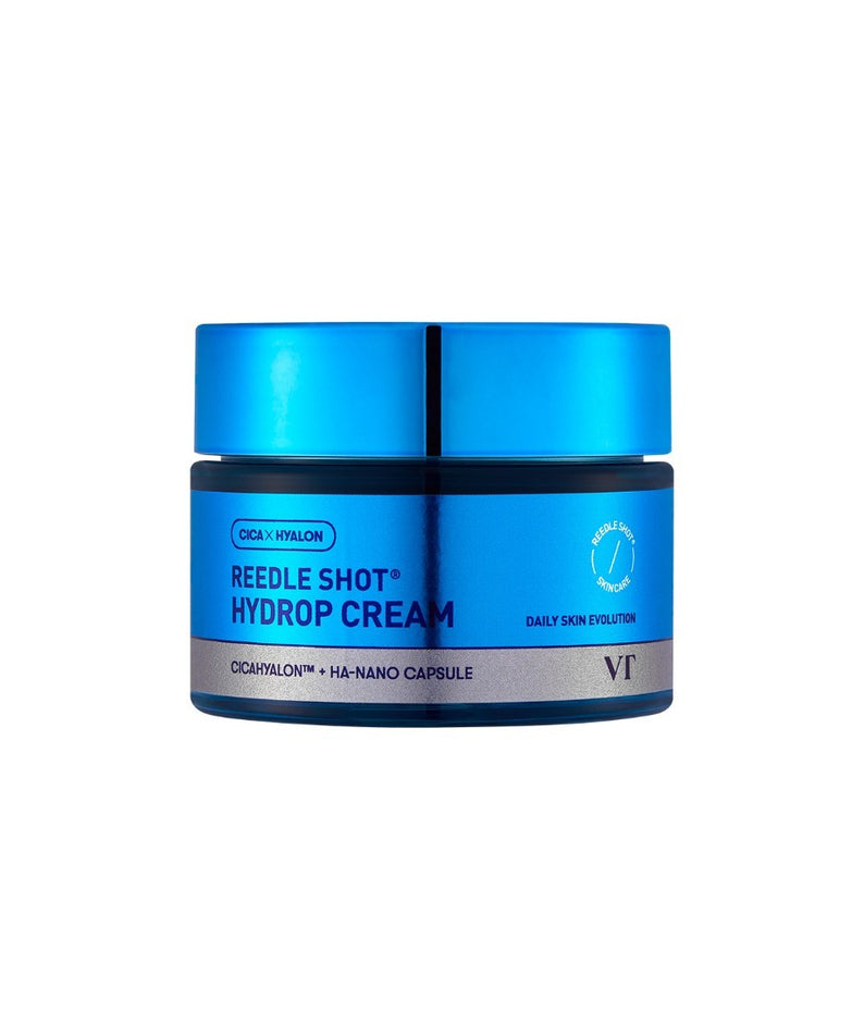 VT COSMETICS Reedle Shot® Hydrop Cream - 50ml, pot cosmétique bleu sur fond blanc, visuel produit marque VT Cosmetics