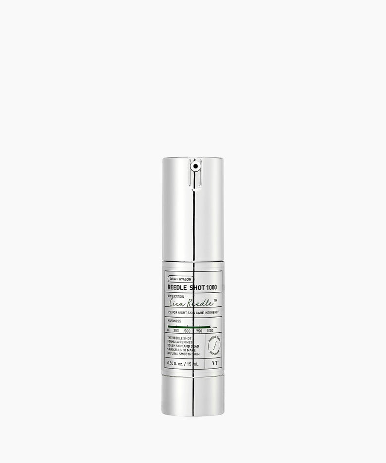 VT COSMETICS Reedle Shot® flacon argenté sur fond blanc, produit beauté de la marque VT COSMETICS.