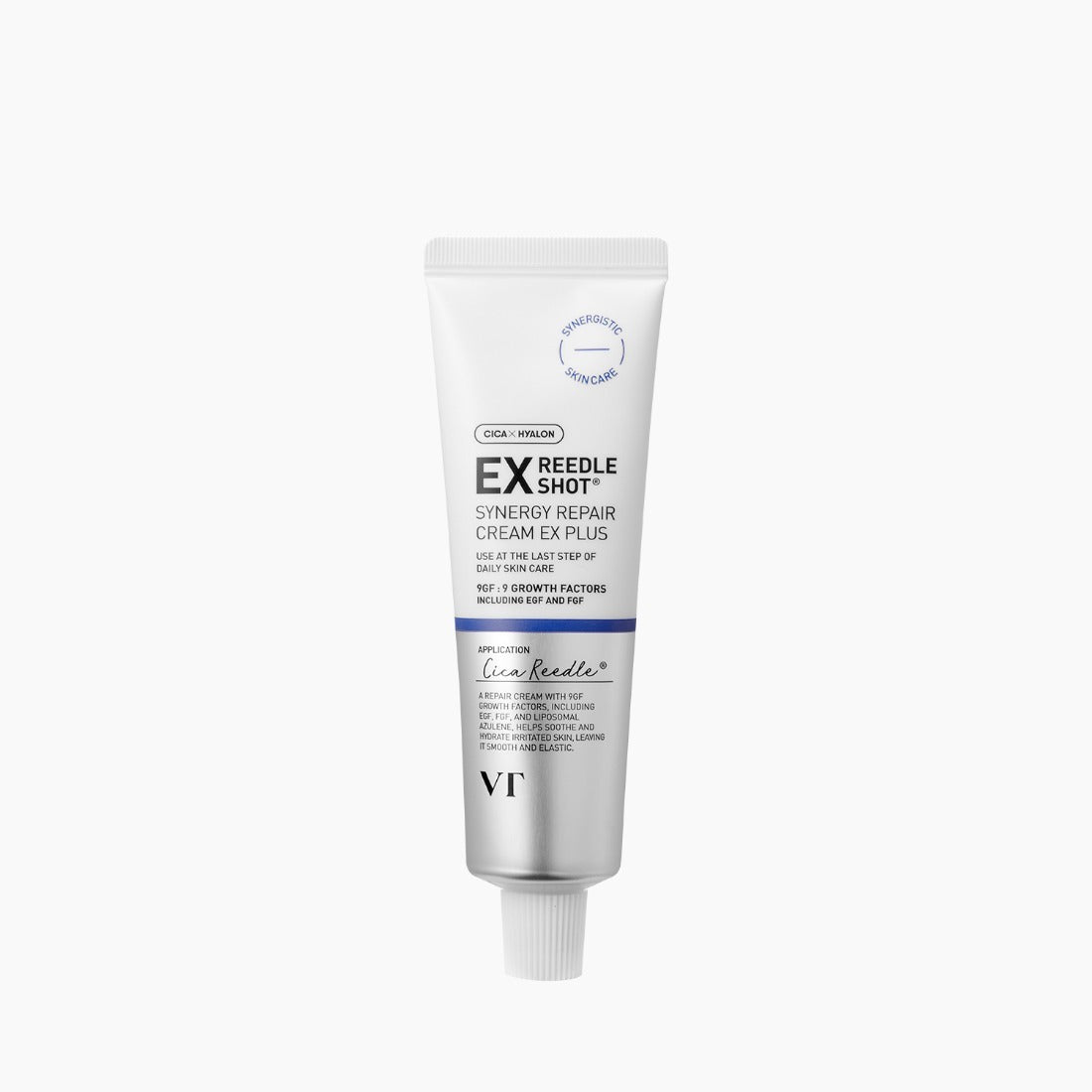 VT COSMETICS Reedle Shot® Synergy Repair Cream Ex Plus - 50ml, tube cosmétique blanc sur fond clair, contexte produit.