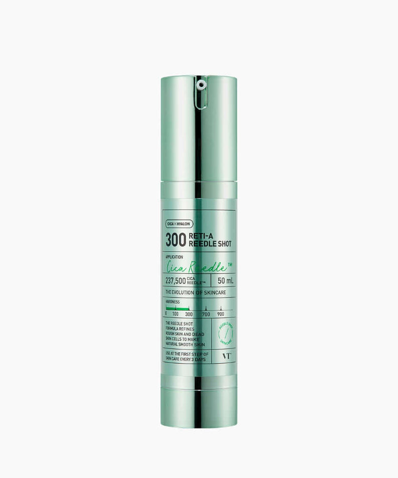 VT COSMETICS Reti-A Reedle Shot® flacon vert argenté sur fond blanc, produit cosmétique VT Cosmetics