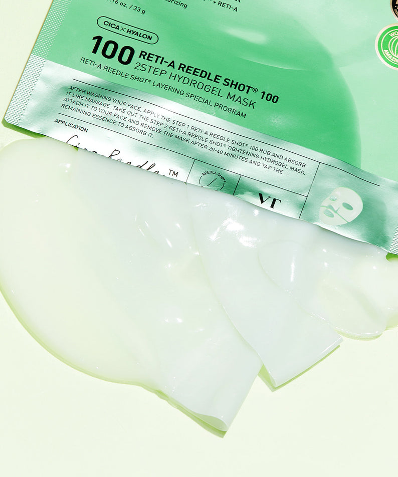 VT COSMETICS Reti-A Riddleshot 100 2-Step Hydrogel Mask (4 sheets) : masque en gel et sachets VT, gros plan vert, description produit.