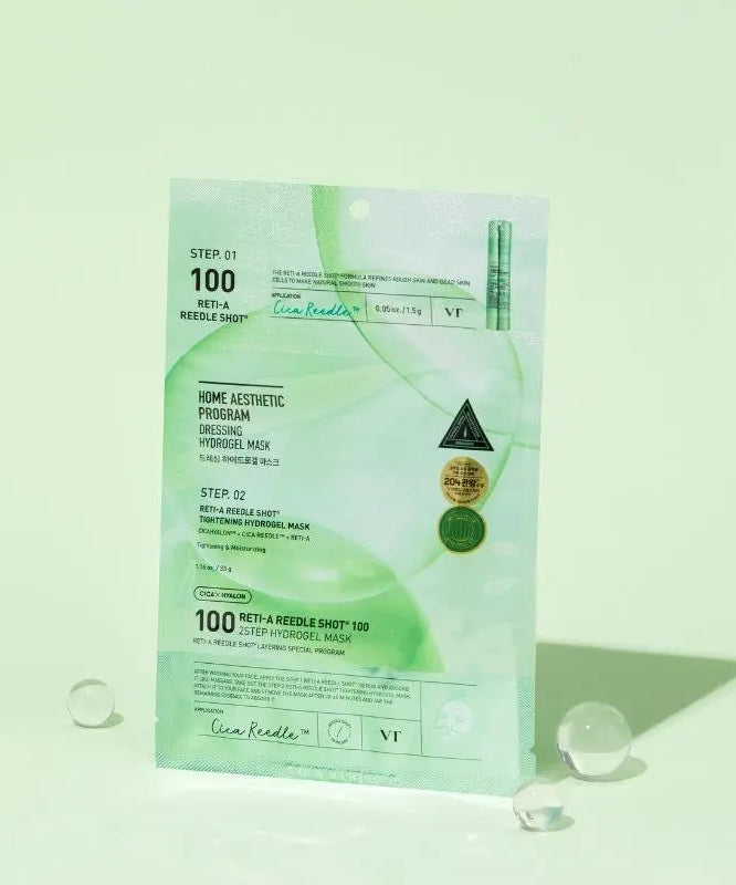 VT COSMETICS  Reti-A Riddleshot 100 2-Step Hydrogel Mask (4 sheets) en sachet vert sur fond clair, vue produit